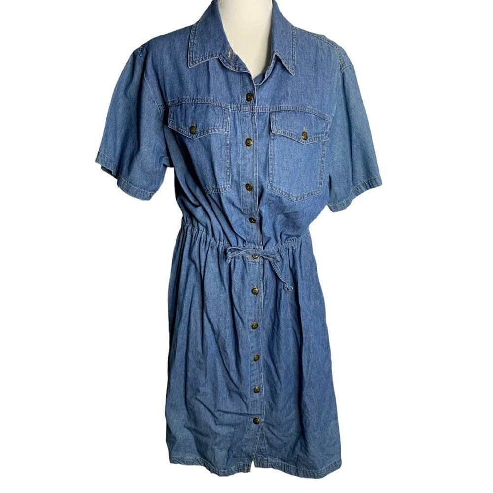 Vintage 80s Fredericks Hollywood Denim Shirt Dress L Blue Pockets Drawstring